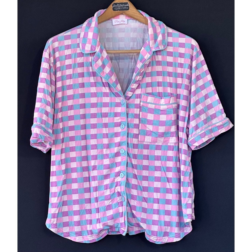 Pink Lily Pajama Set Shorts Check Women Size S Pink Purple Excellent